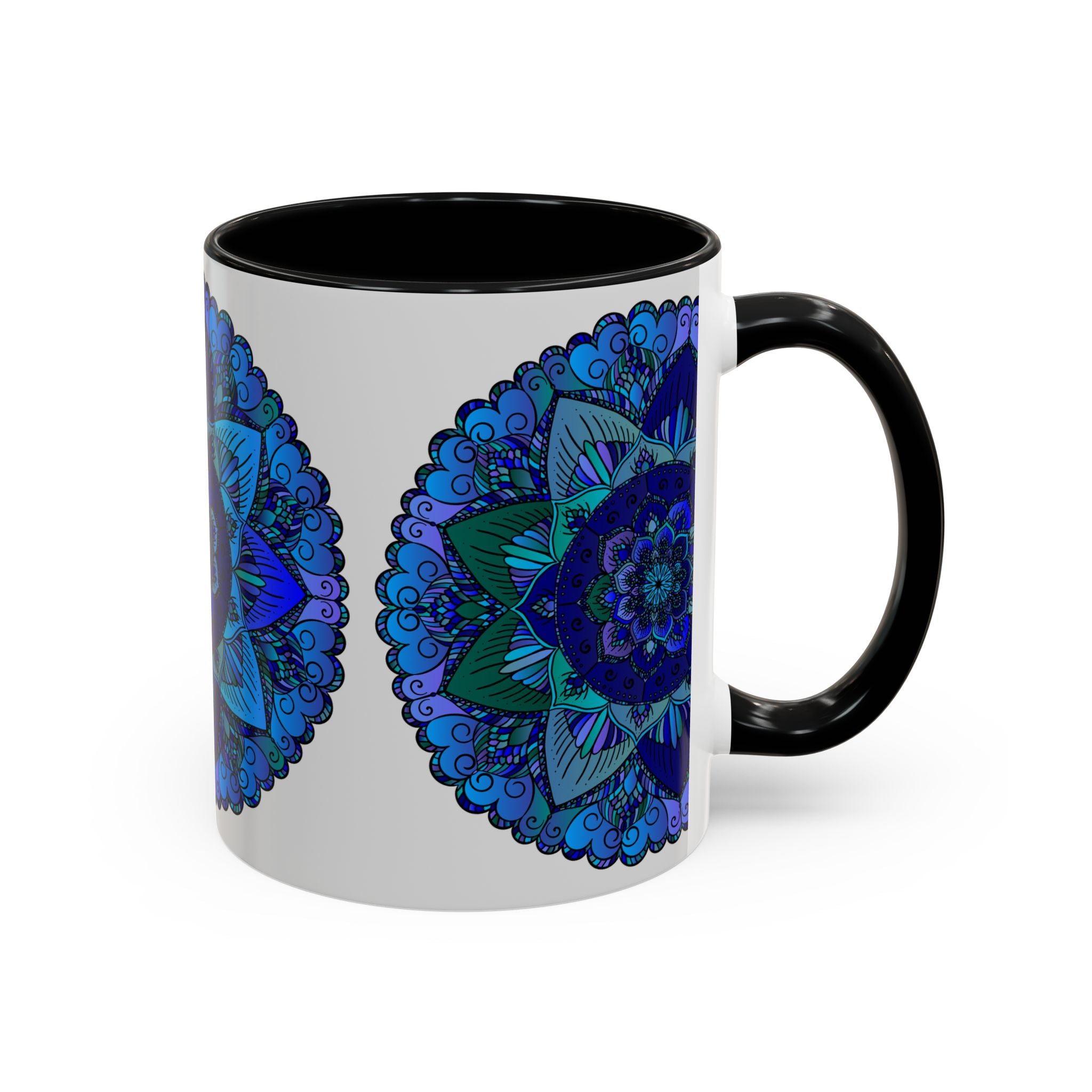 Beautiful blue and purple mandala mug featuring intricate bohemian art design