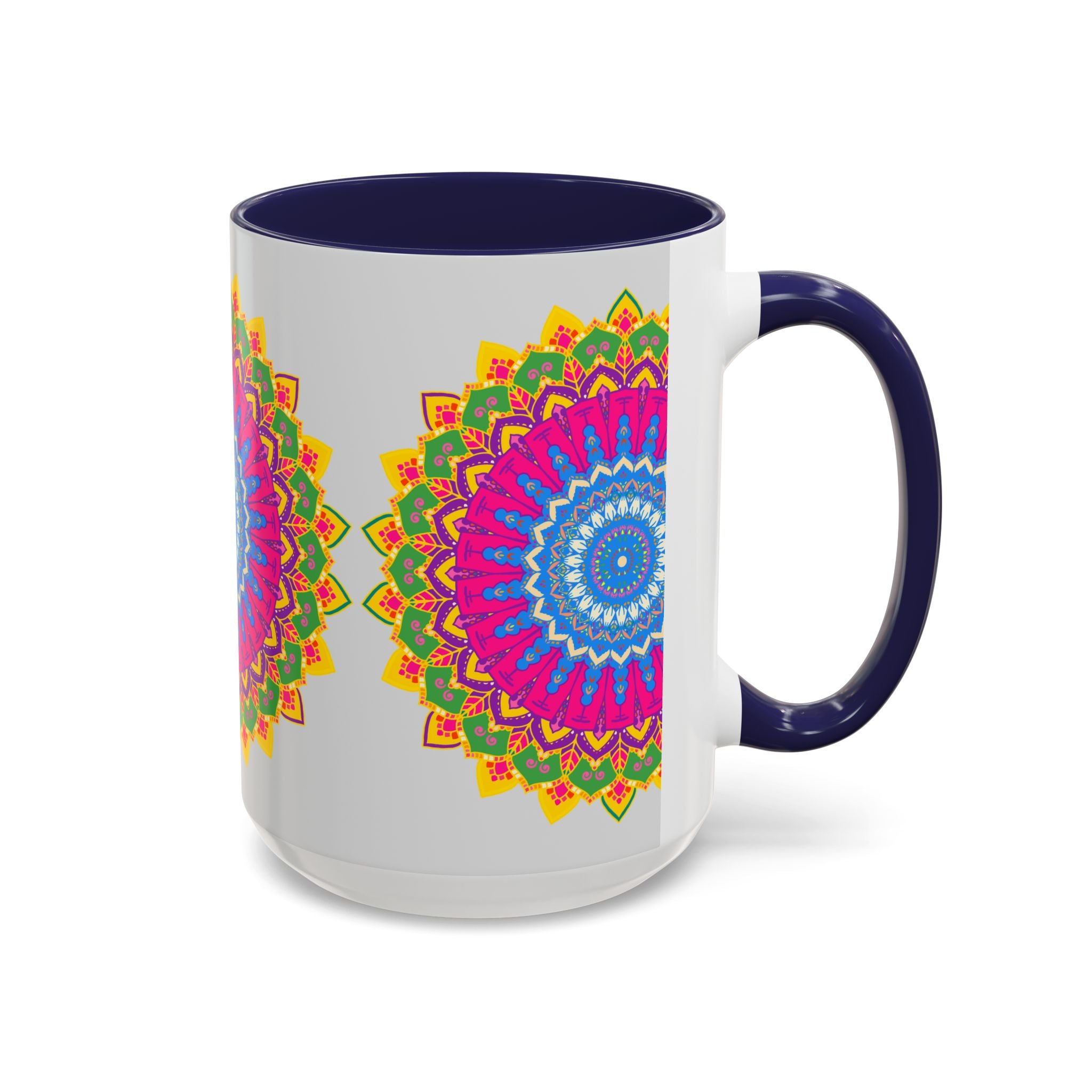 A vibrant and intricate mandala art mug featuring a colorful geometric design