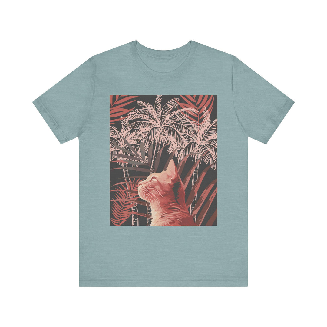 A cute ginger cat sitting under a palm tree on a tee