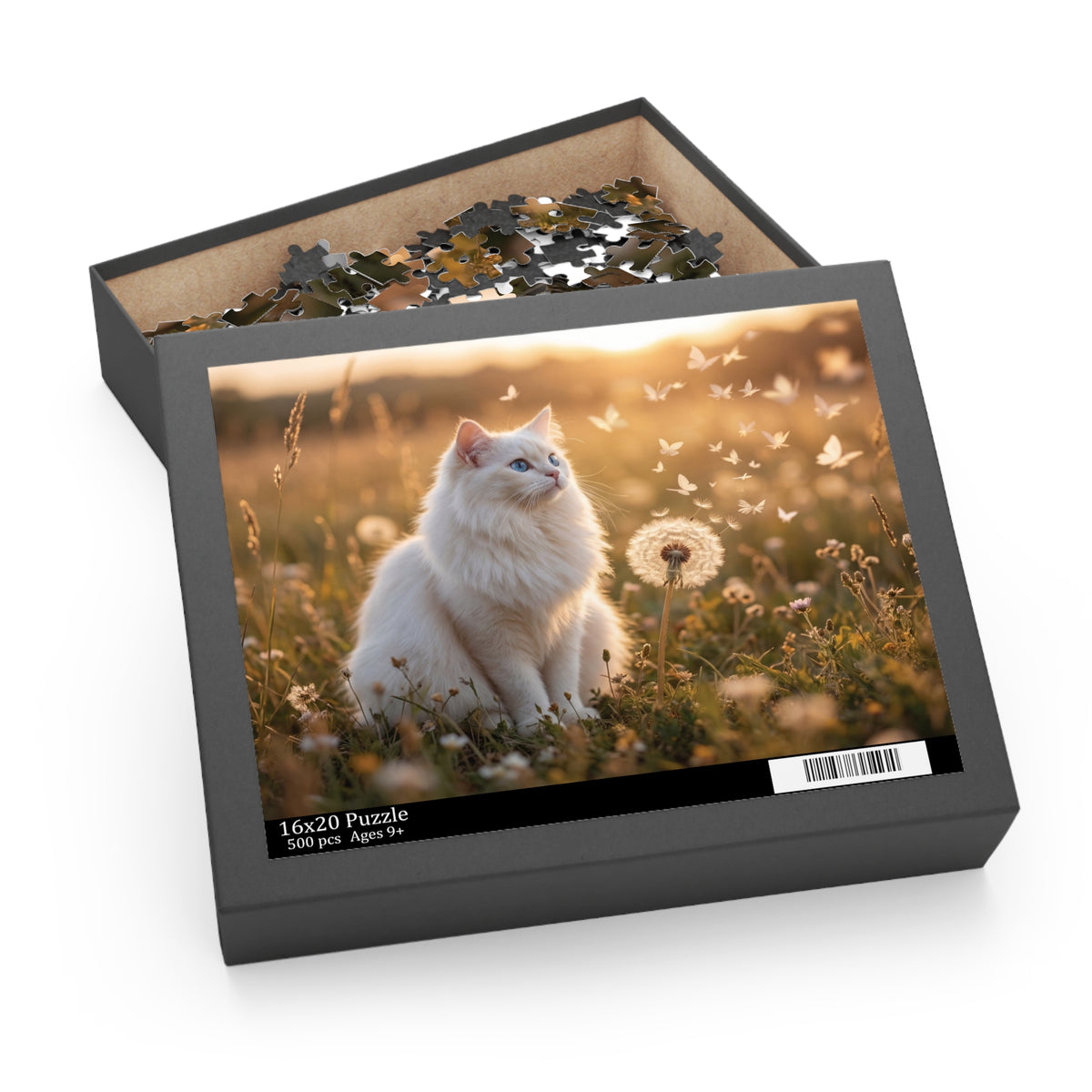 Cat in Dandelions Jigsaw Puzzle — White Kitten in Golden Field (120/252/500 pcs)