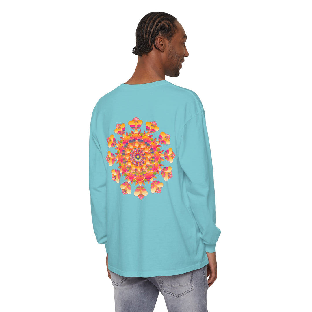 Colorful and intricately designed unisex long sleeve t-shirt with vibrant mandala pattern