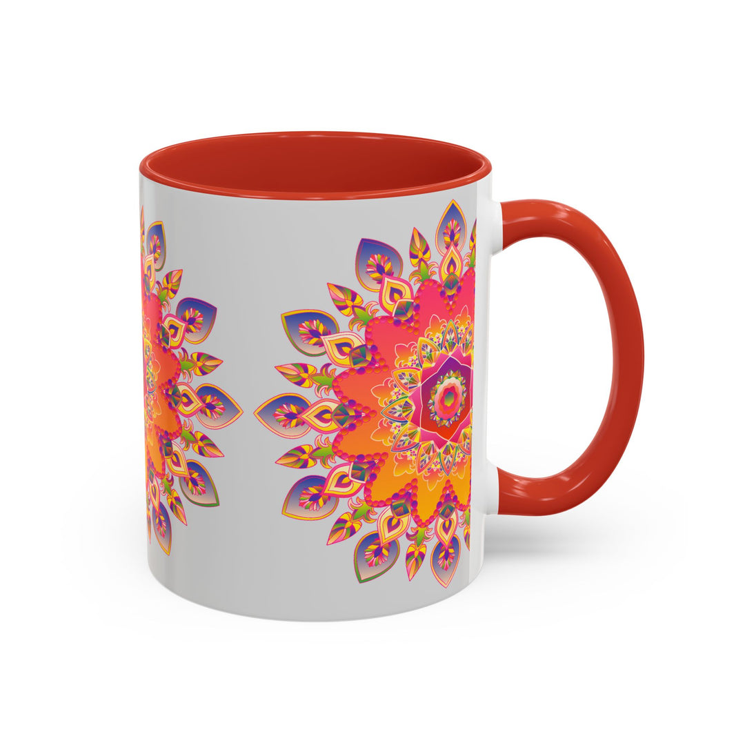 A beautifully designed ceramic mug featuring a vibrant mandala art pattern, set against a stylish grey background