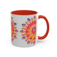 A beautifully designed ceramic mug featuring a vibrant mandala art pattern, set against a stylish grey background