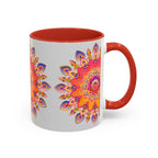 A beautifully designed ceramic mug featuring a vibrant mandala art pattern, set against a stylish grey background