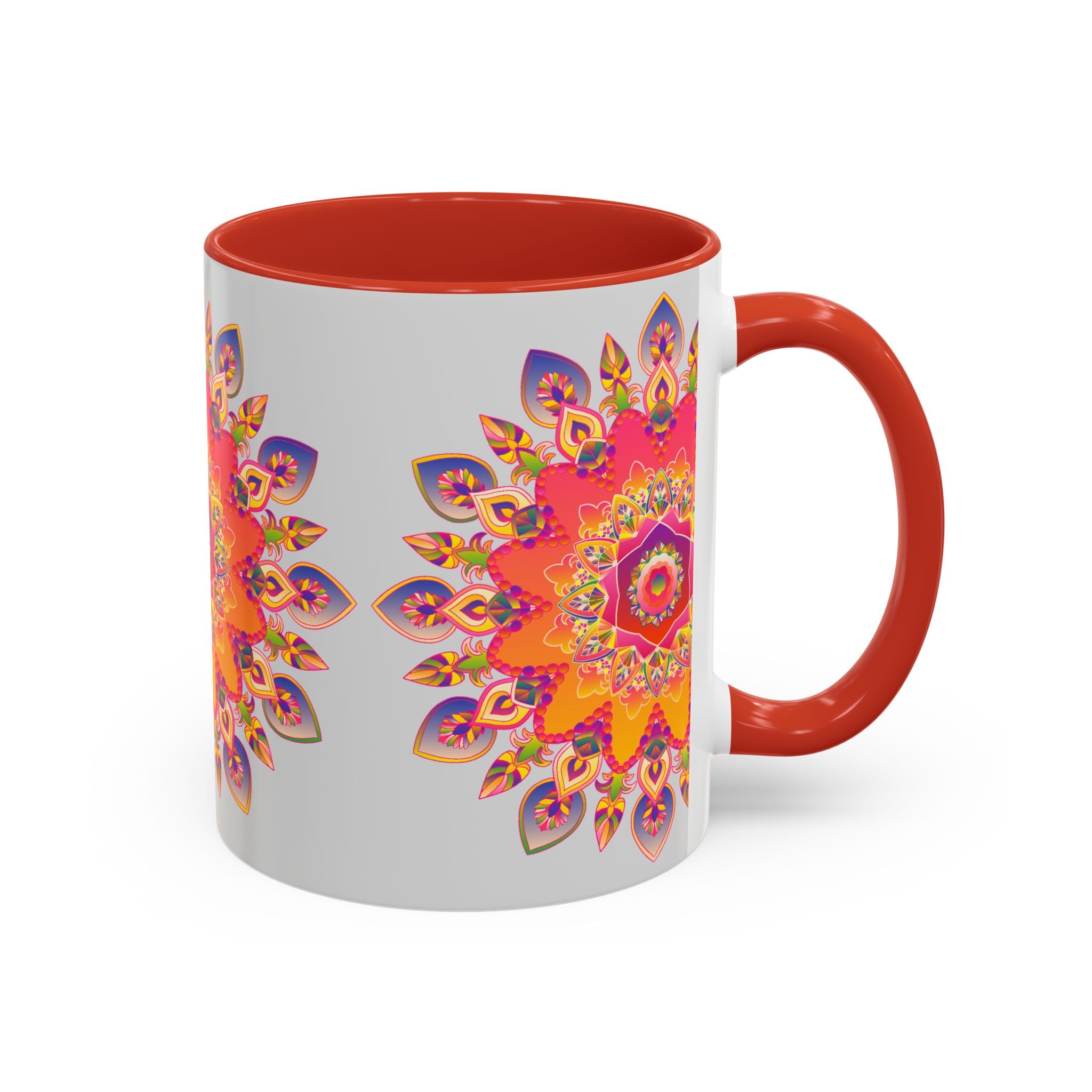 A beautifully designed ceramic mug featuring a vibrant mandala art pattern, set against a stylish grey background