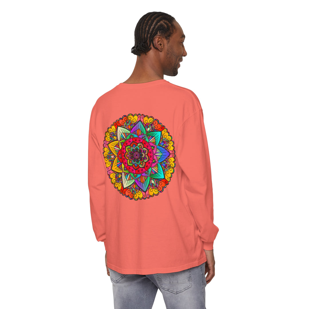 Colorful and intricate mandala design featured on a unisex long sleeve t-shirt