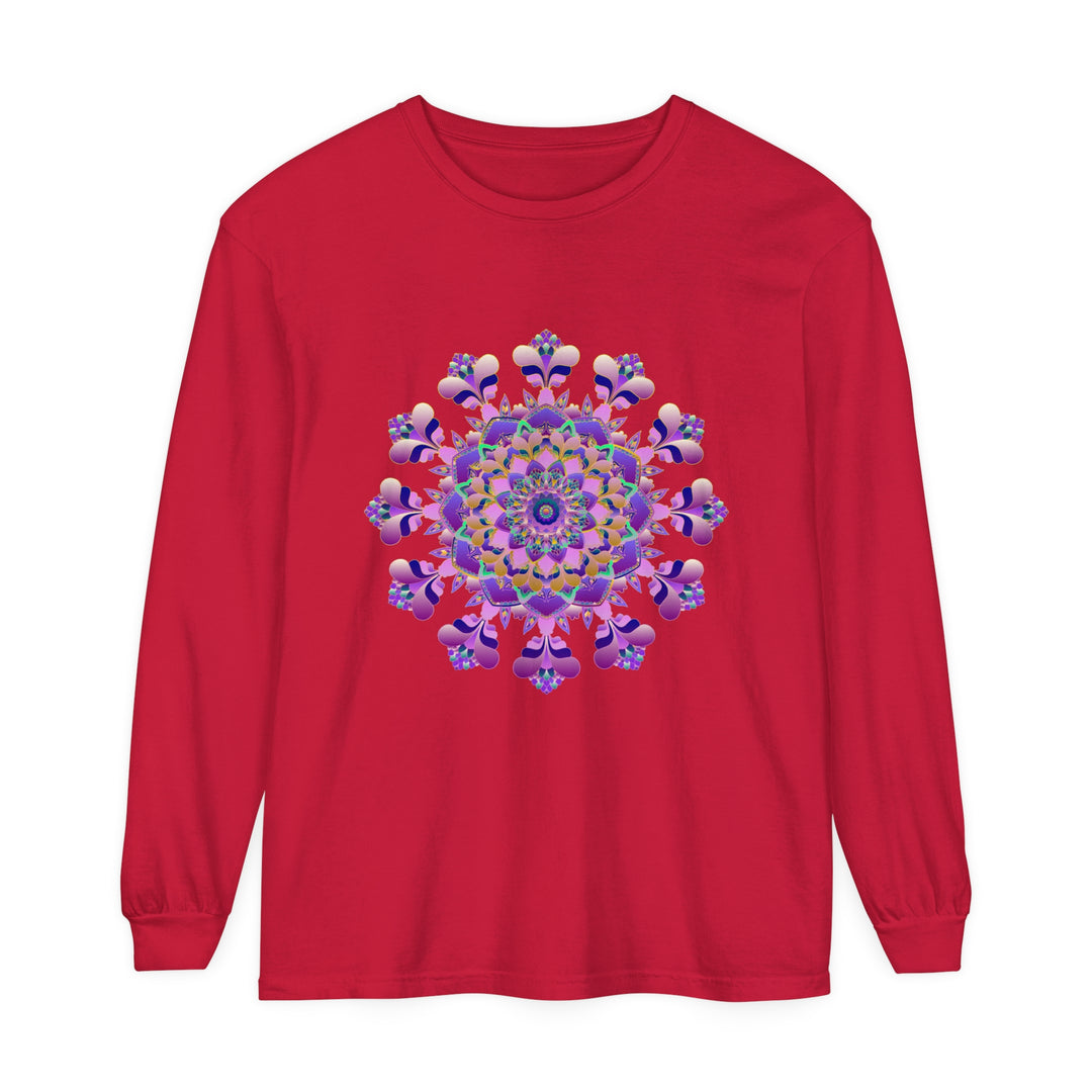 Intricate mandala long sleeve t-shirt with colorful, detailed design for men and women