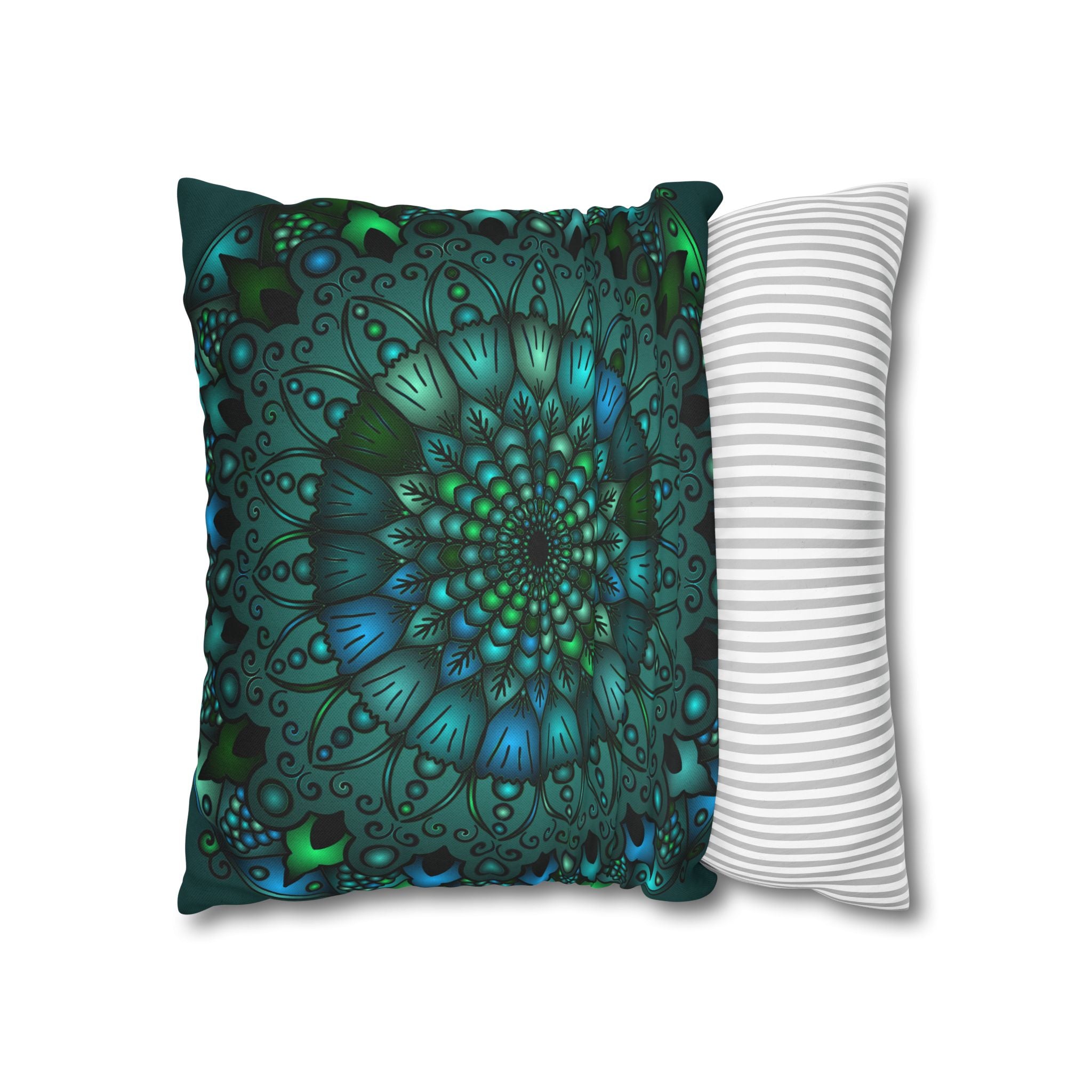 Luxurious square pillowcase with intricate mandala design in petroleum green