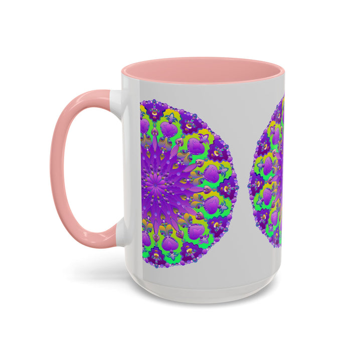 A close-up image of a purple mandala mug with vibrant art on a grey background