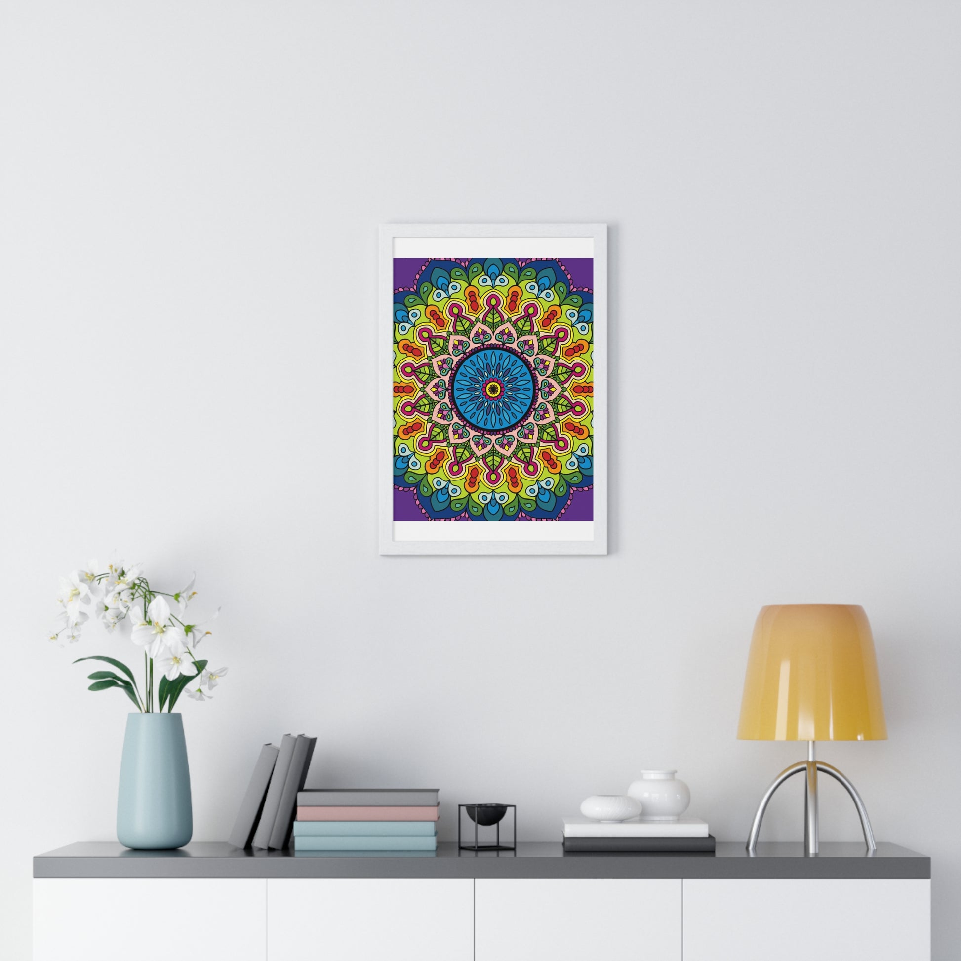 Mandala art drawn by hand, featuring intricate patterns and vibrant colors, framed in a vertical poster, perfect for mindfulness and yoga decor