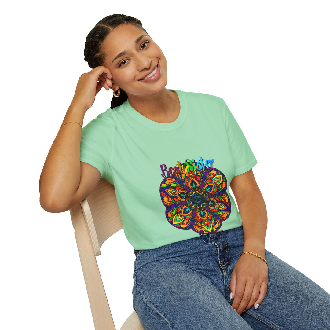 Beautiful mandala art gift for sister unisex softstyle t-shirt with hand-drawn design