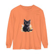 A close-up image of a black kitten watercolor splash t-shirt with vibrant colors and a playful design, perfect for cat lovers and animal enthusiasts