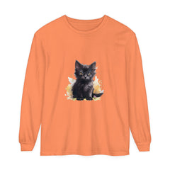 A close-up image of a black kitten watercolor splash t-shirt with vibrant colors and a playful design, perfect for cat lovers and animal enthusiasts