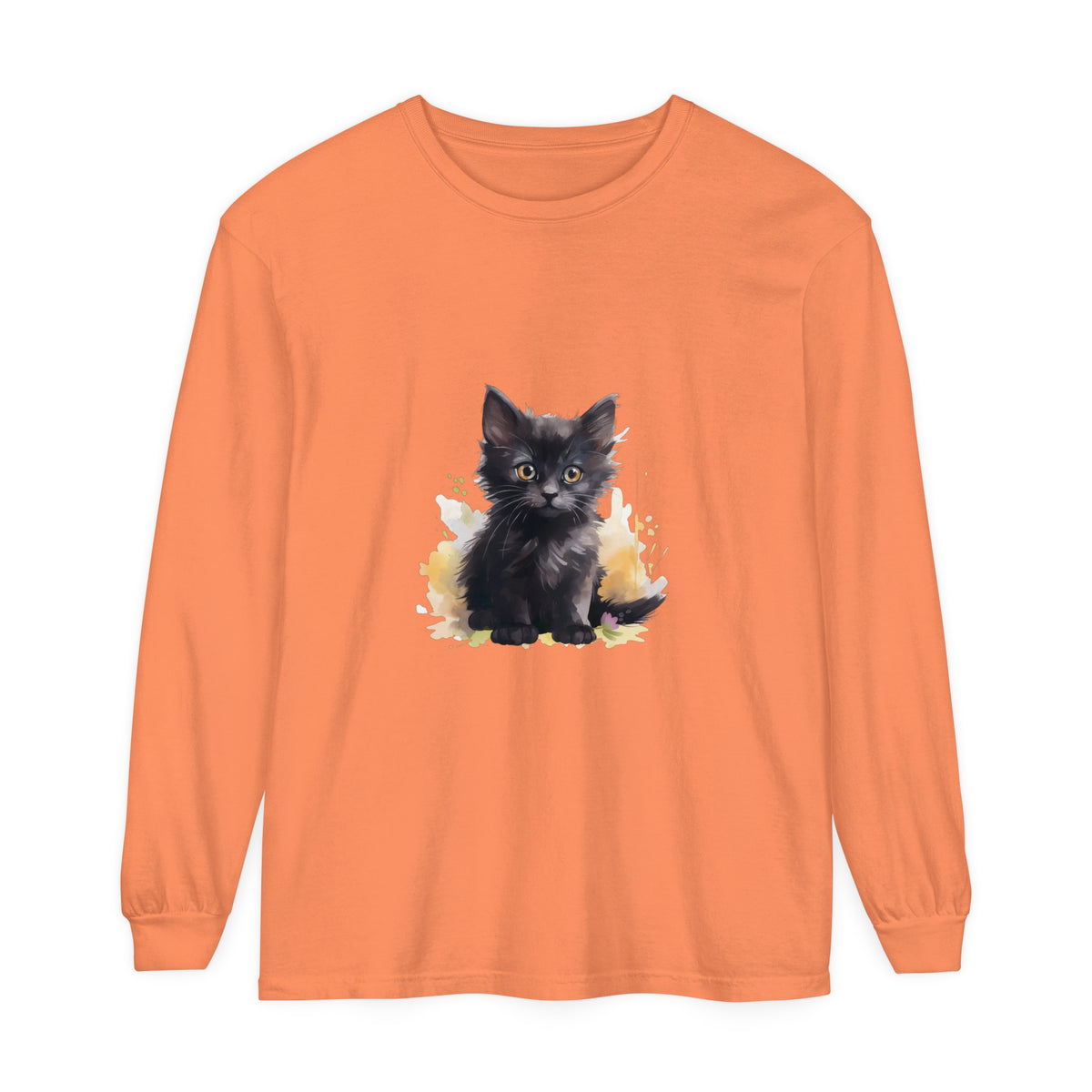 A close-up image of a black kitten watercolor splash t-shirt with vibrant colors and a playful design, perfect for cat lovers and animal enthusiasts