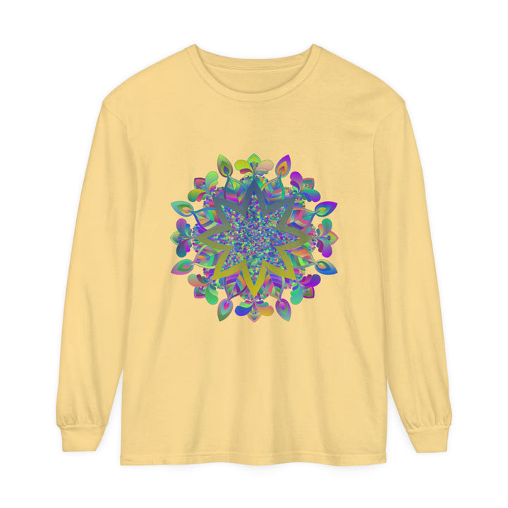 Vibrant and intricate mandala design featured on long sleeve unisex t-shirt