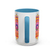 A vibrant and intricate mandala art mug featuring a colorful floral design