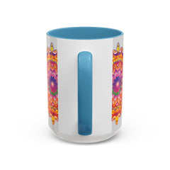 A vibrant and intricate mandala art mug featuring a colorful floral design