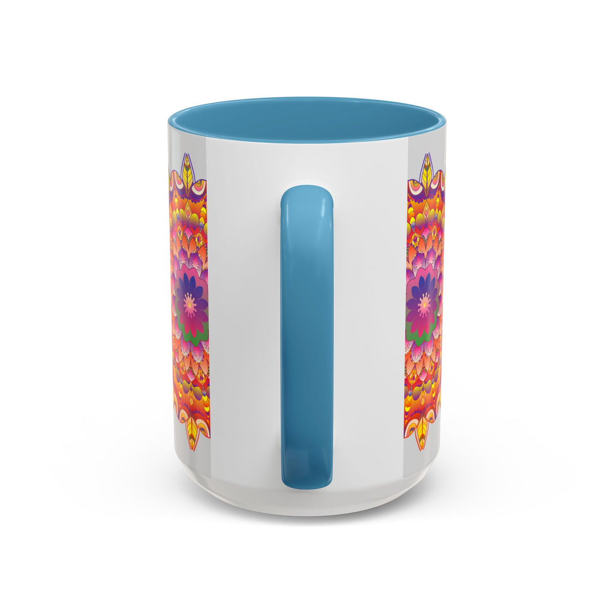 A vibrant and intricate mandala art mug featuring a colorful floral design