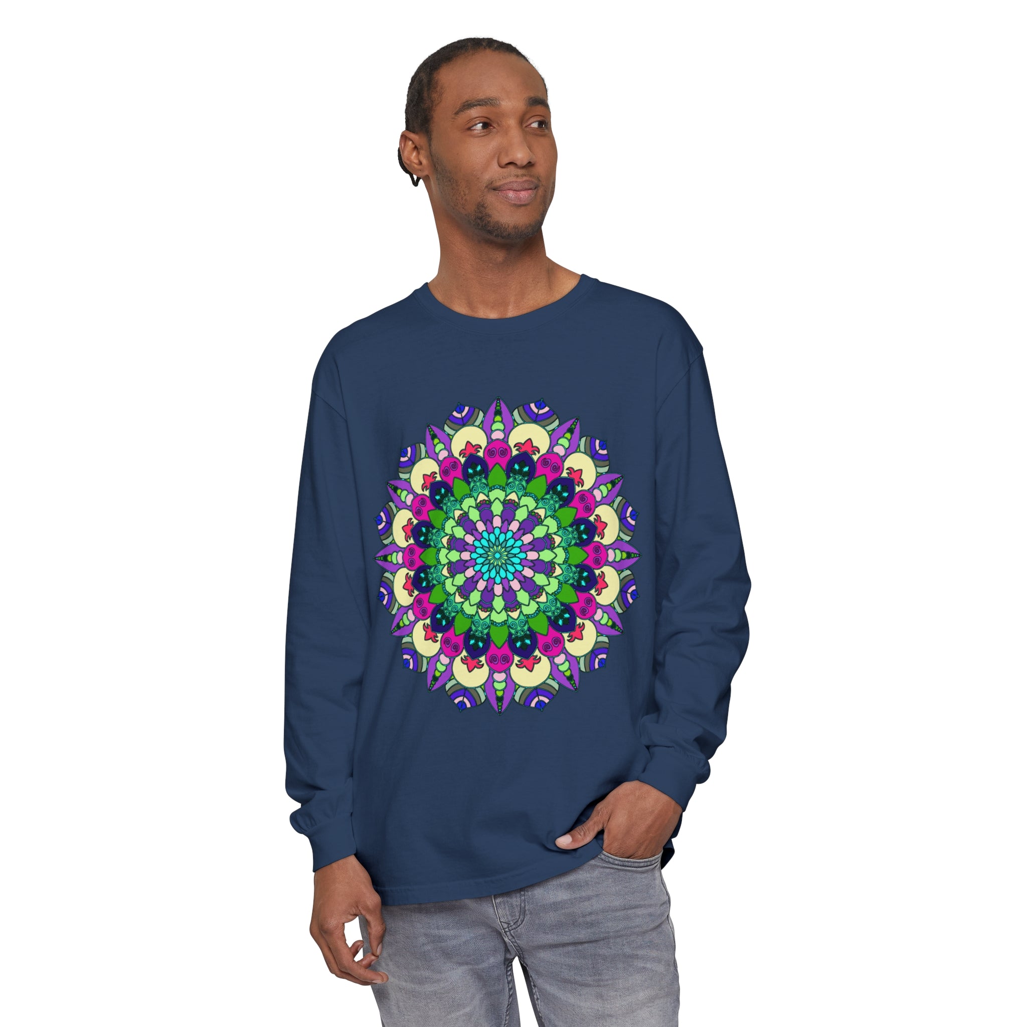 Colorful and intricate mandala design on a long sleeve t-shirt for men and women