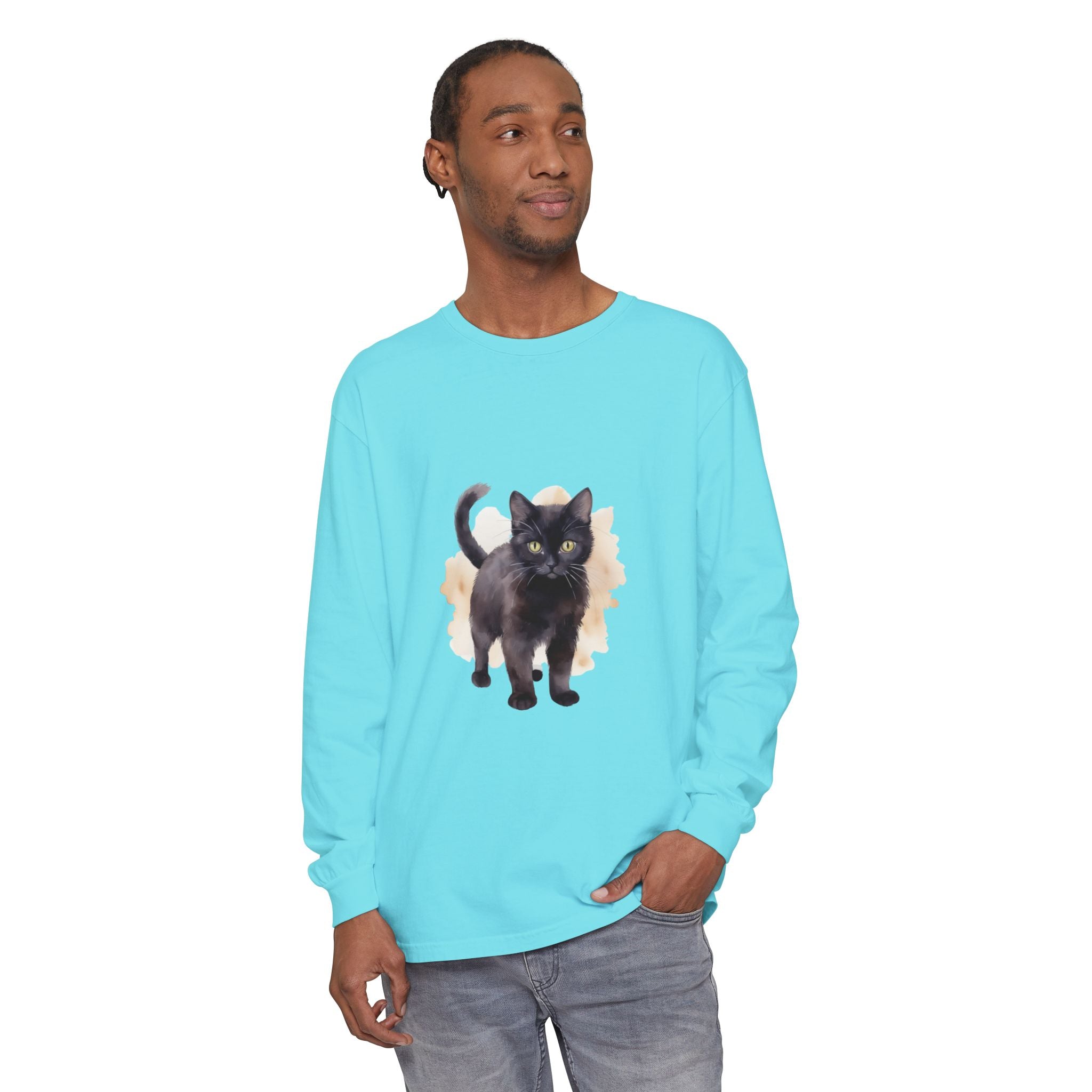 Full Sleeve Tee | Black Cat Watercolor - Unisex