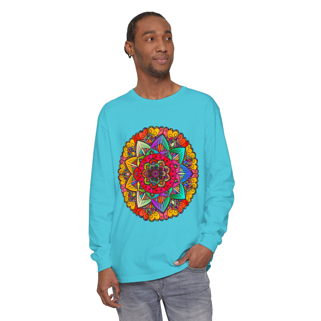 Colorful and intricate mandala design on a unisex long sleeve t-shirt