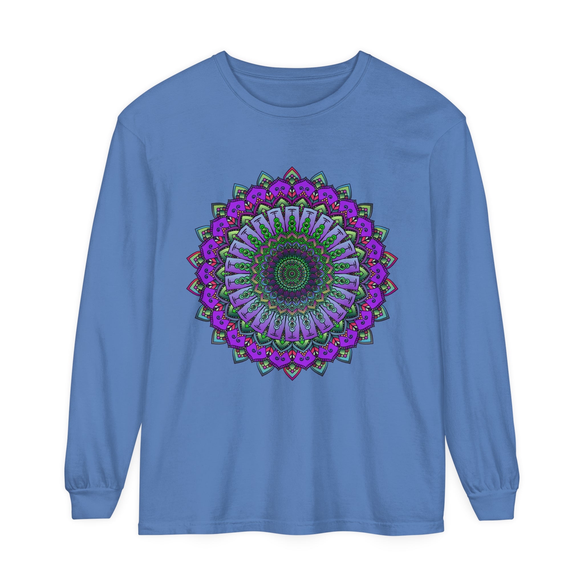 Intricate Mandala Unisex Long Sleeve T-Shirt featuring detailed geometric design in vibrant colors