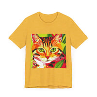 Grey and white striped short sleeve tee with a cat design