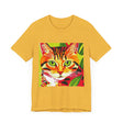 Grey and white striped short sleeve tee with a cat design