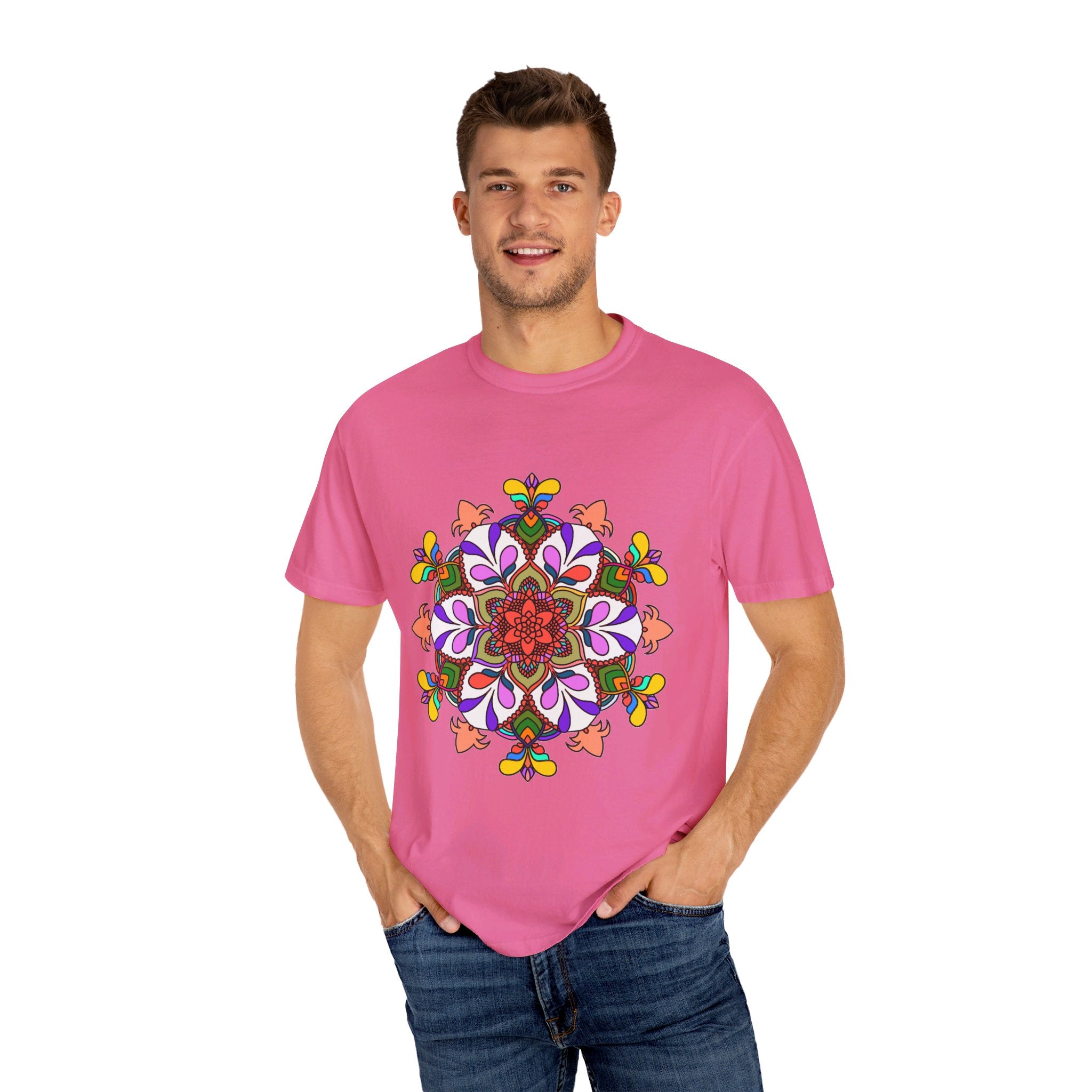 Unisex Mandala T-Shirt made of 100% ring-spun cotton, garment-dyed for extra comfort, adorned with a hand-drawn mandala art design