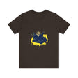 A vibrant and eye-catching street art-inspired t-shirt featuring a mysterious black cat design