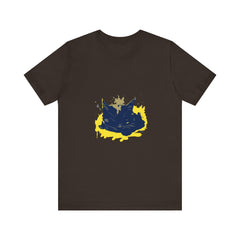 A vibrant and eye-catching street art-inspired t-shirt featuring a mysterious black cat design