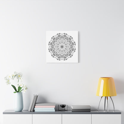 Beautiful handmade mandala art in black and white on matte canvas, stretched to 125 inches, perfect for wall decor