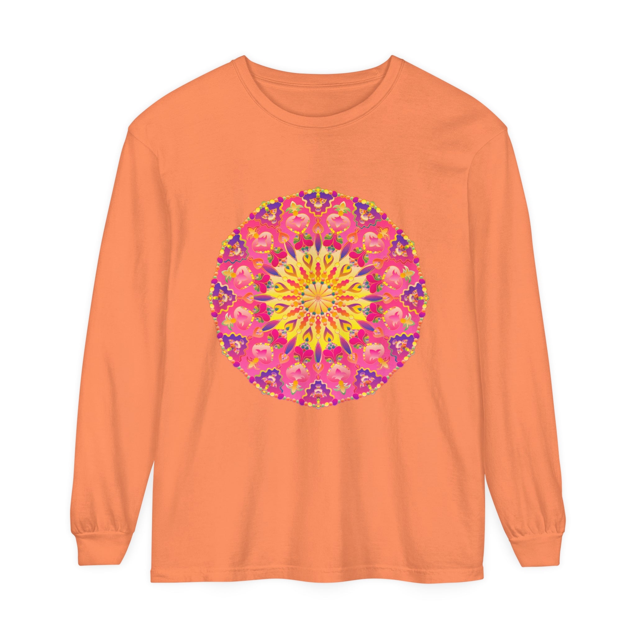 Colorful and intricate mandala design on a unisex long sleeve t-shirt