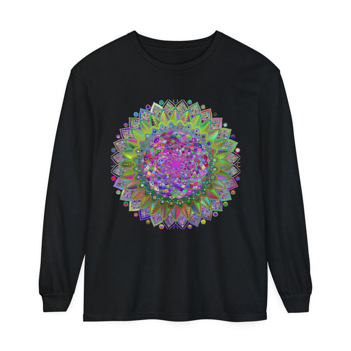 Vibrant Mandala Unisex Long Sleeve T-Shirt featuring a colorful and intricate mandala design on a comfortable long-sleeve shirt