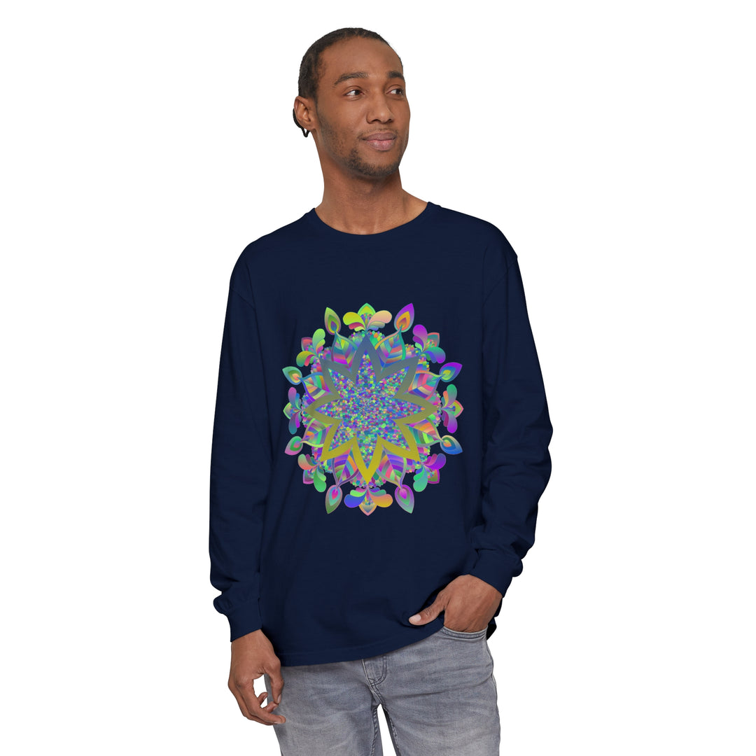 Colorful Mandala Unisex Long Sleeve T-Shirt featuring intricate, vibrant design