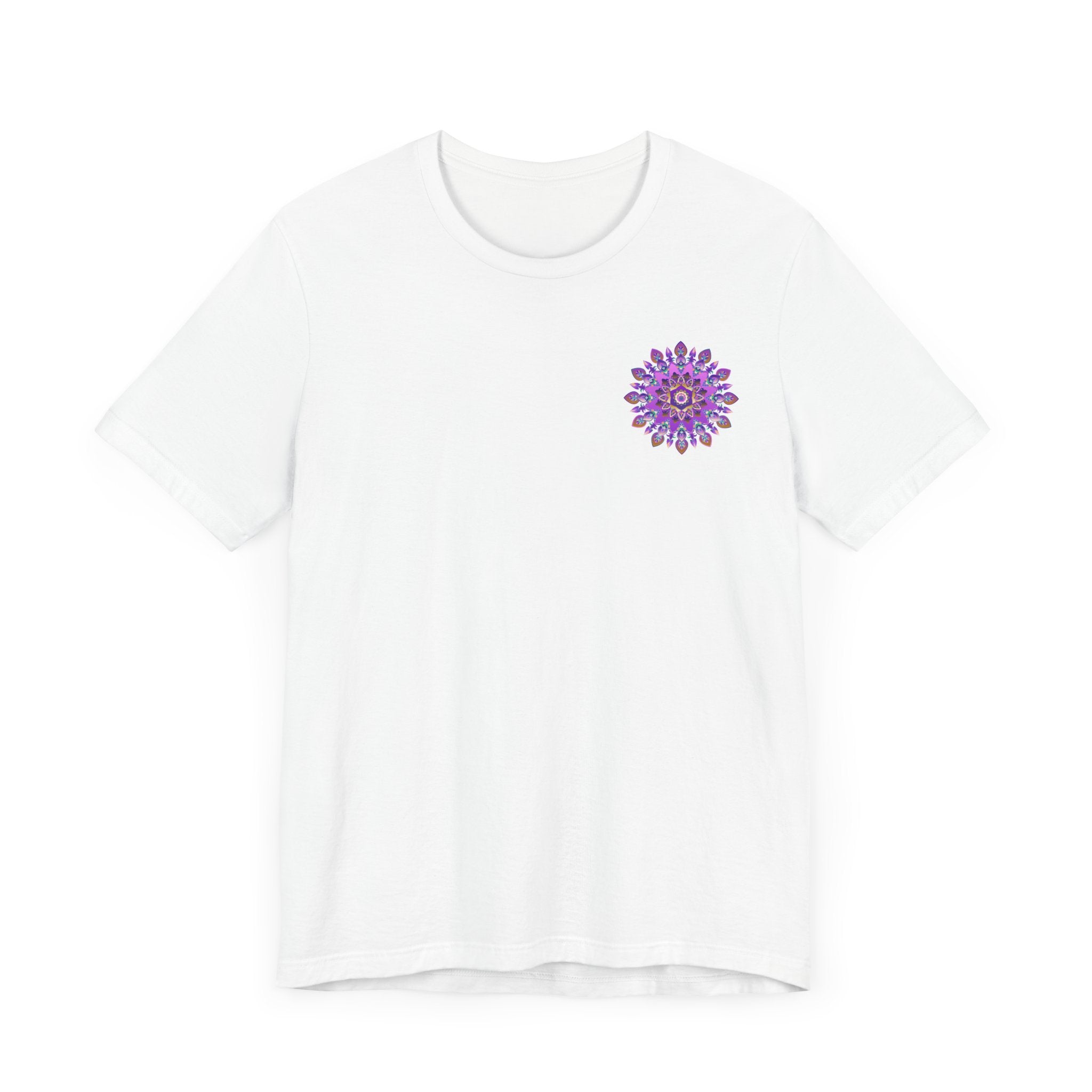 Beautiful purple mandala t-shirt featuring intricate design symbolizing spiritual peace and harmony, perfect for those seeking enlightenment and tranquility