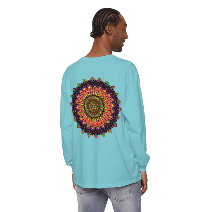 Colorful long sleeve T-shirt featuring an intricate mandala design in vibrant hues