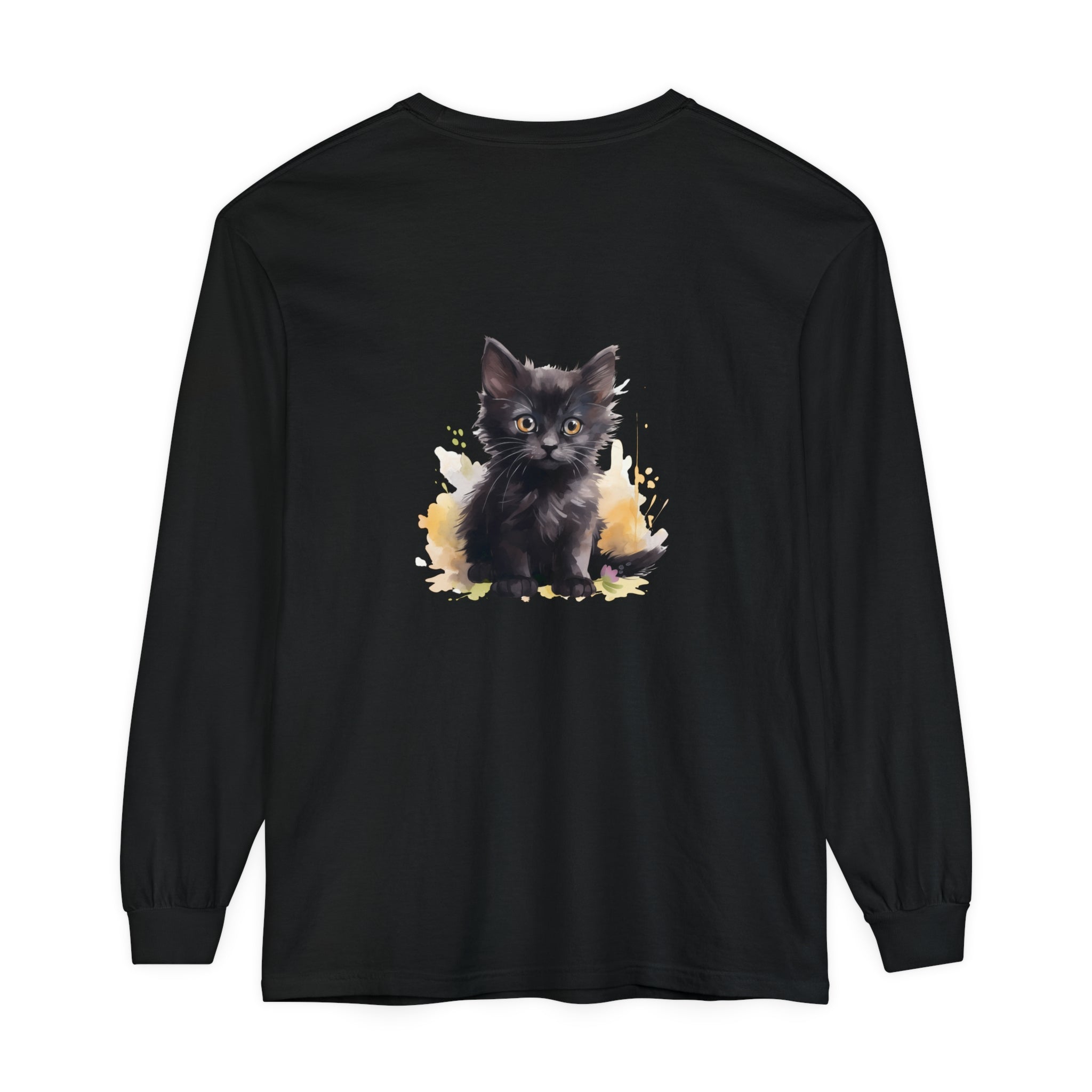 Black Kitten Watercolor Splash T-Shirt featuring a playful black kitten surrounded by vibrant watercolor splashes on a black t-shirt