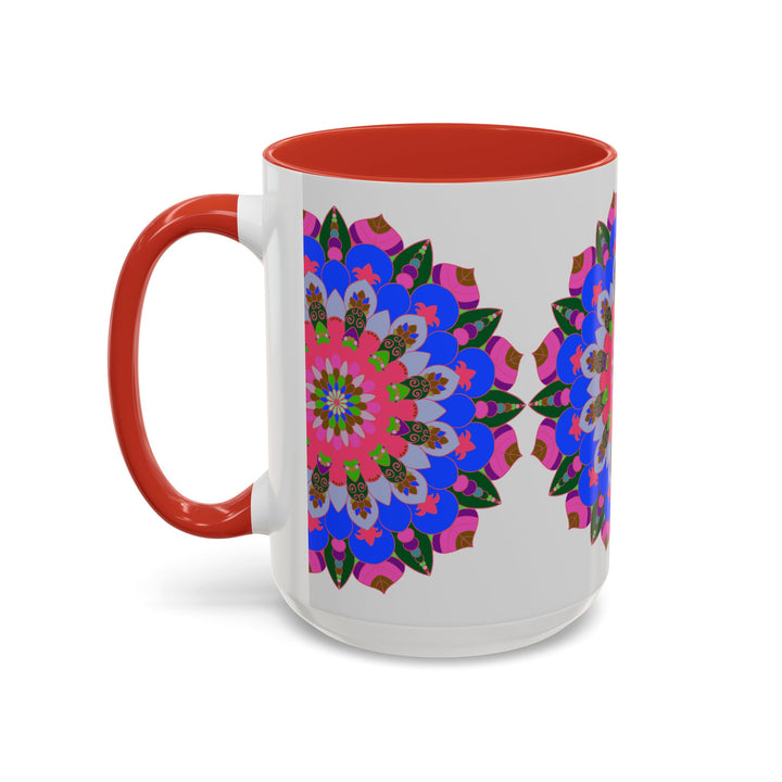 A close-up photo of a colorful mandala mug with an intricate design, perfect for enjoying your favorite hot beverage