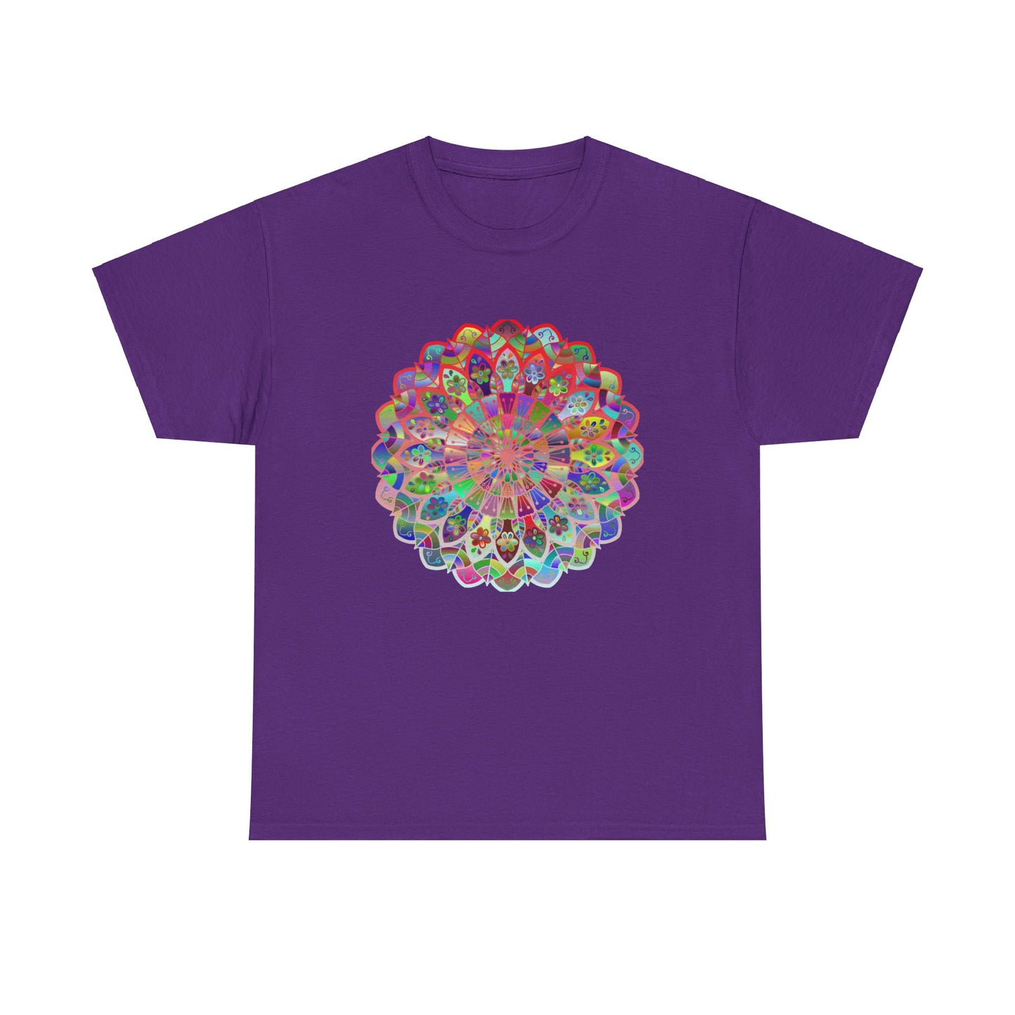 Colorful mandala art design printed on a comfortable unisex heavy cotton t-shirt, perfect for yoga and mindfulness practices