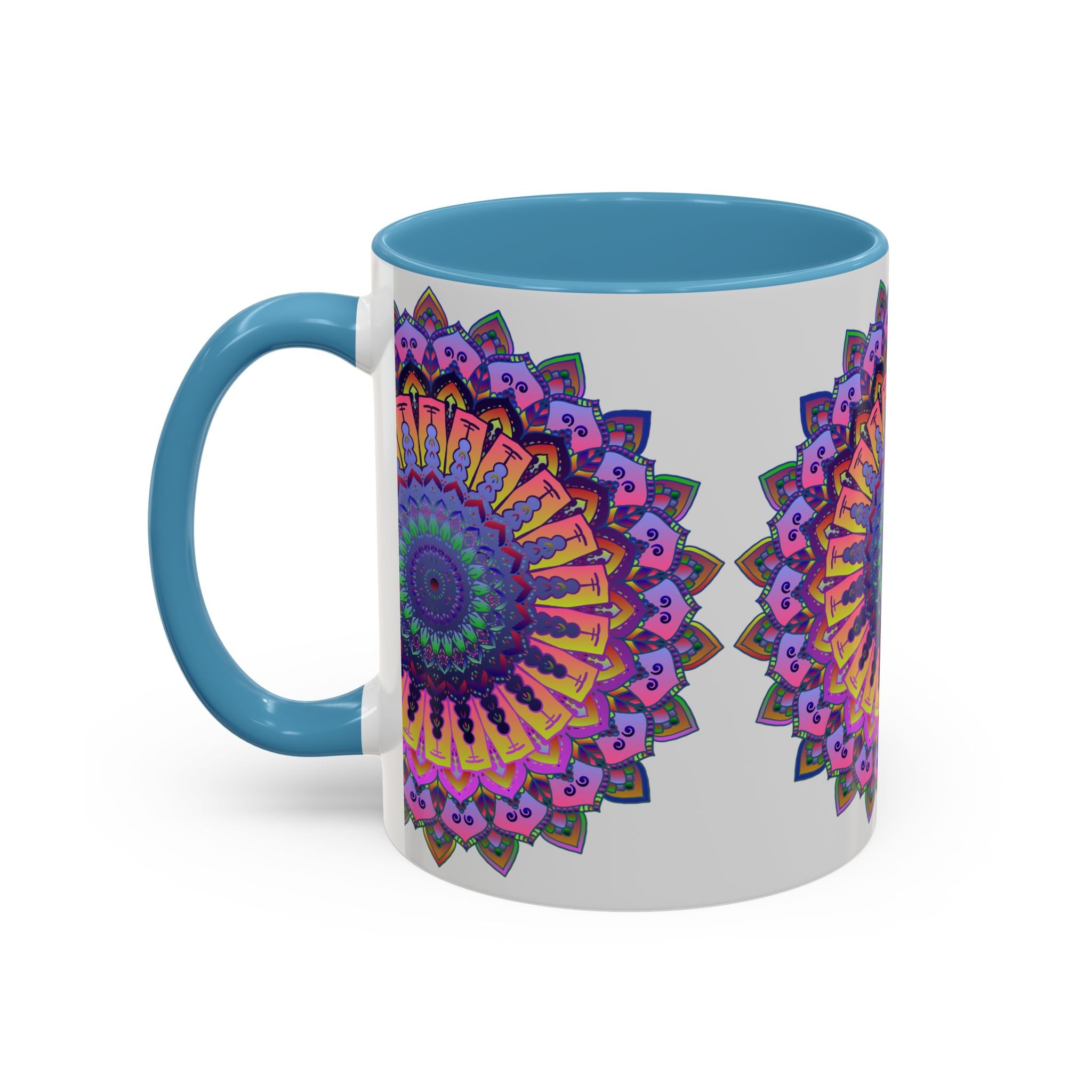 Beautiful mandala design featuring vibrant colors on a grey mug