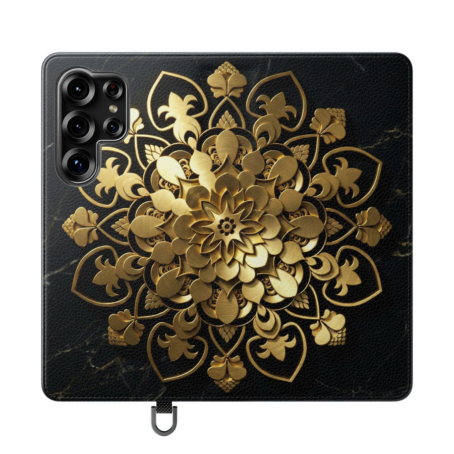 Goldene Mandala-Klapphülle – Luxuriöses Blumen-Portemonnaie-Cover
