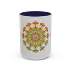 Colorful and intricate mandala art design adorns this beautiful ceramic mug