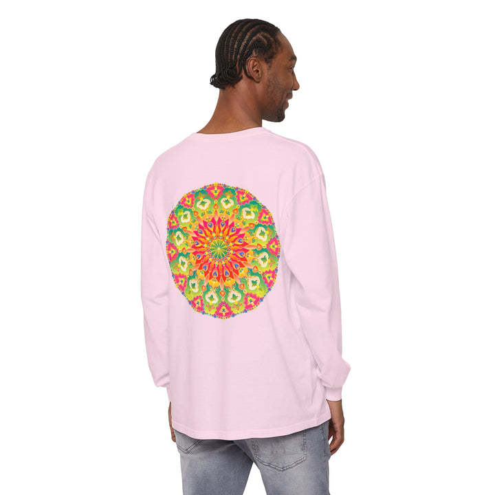 A close-up image of a colorful and detailed mandala design on a long sleeve t-shirt