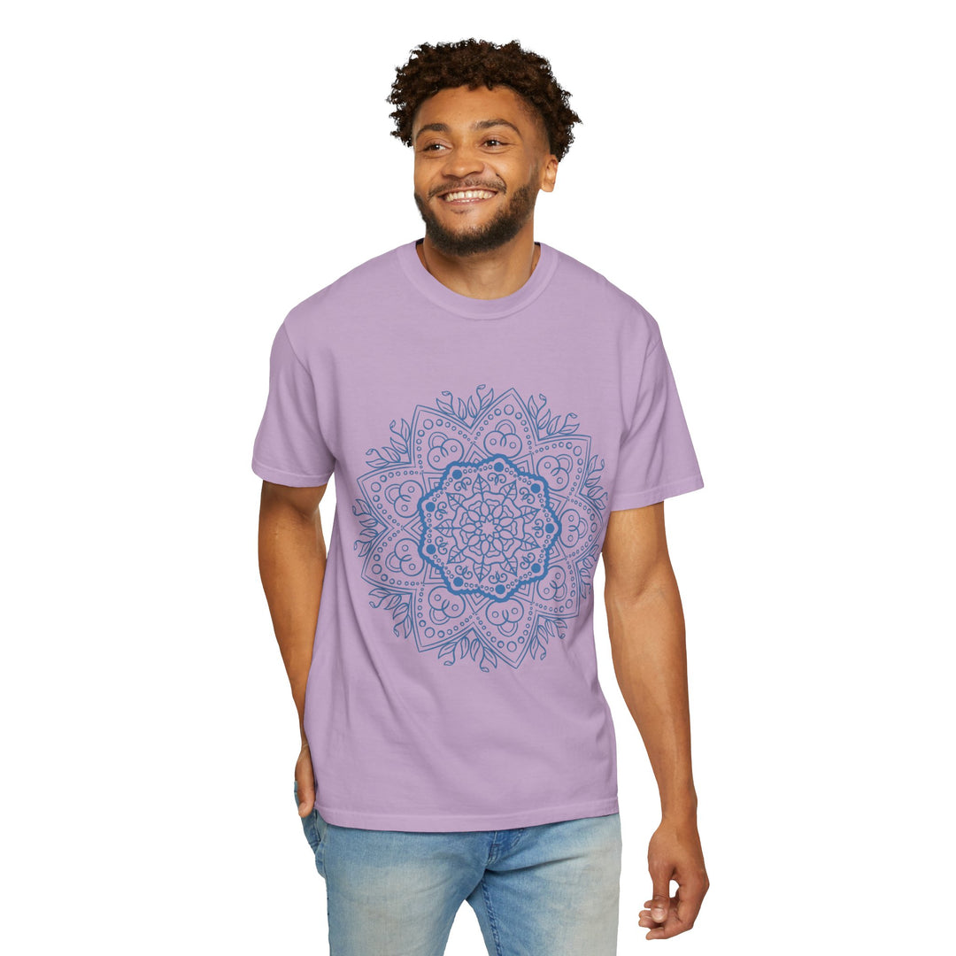 Colorful handmade mandala art design on a unisex garment-dyed t-shirt