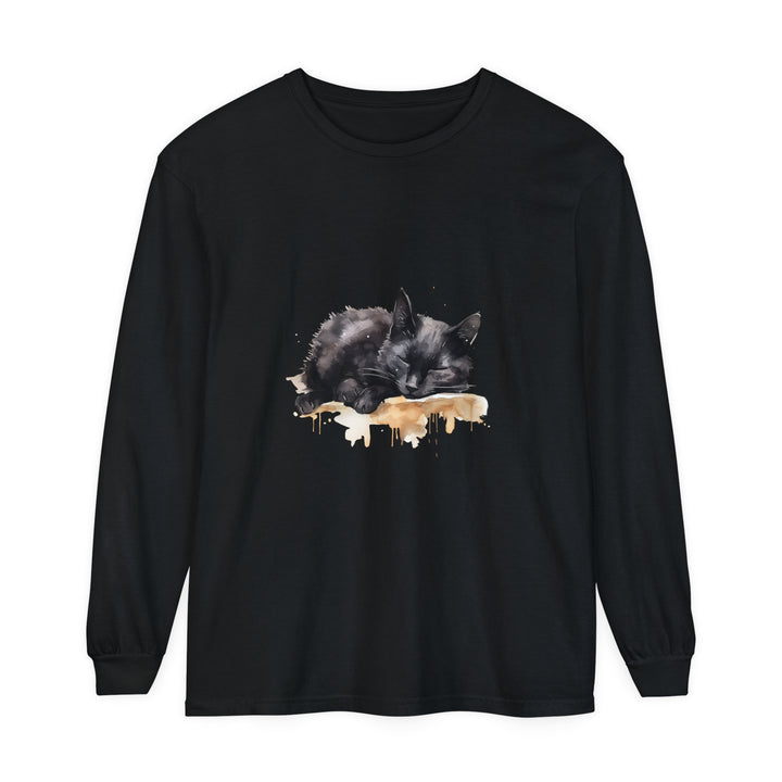 A detailed watercolor illustration of a sleeping black cat on a comfortable t-shirt