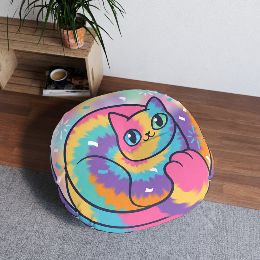 Cuscino da pavimento a forma di gatto tie-dye — Abbraccio di baffi per il nuovo anno