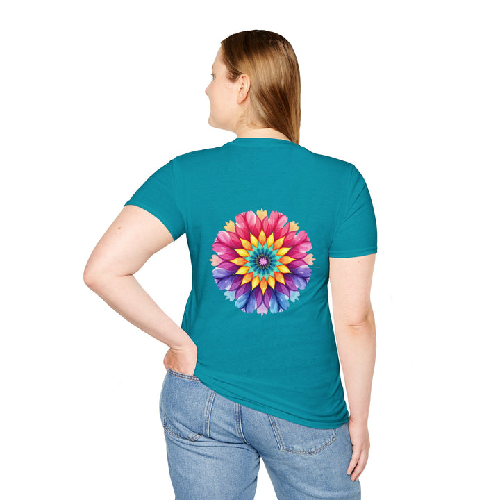 Colorful floral mandala pattern with a quote printed on a comfortable t-shirt