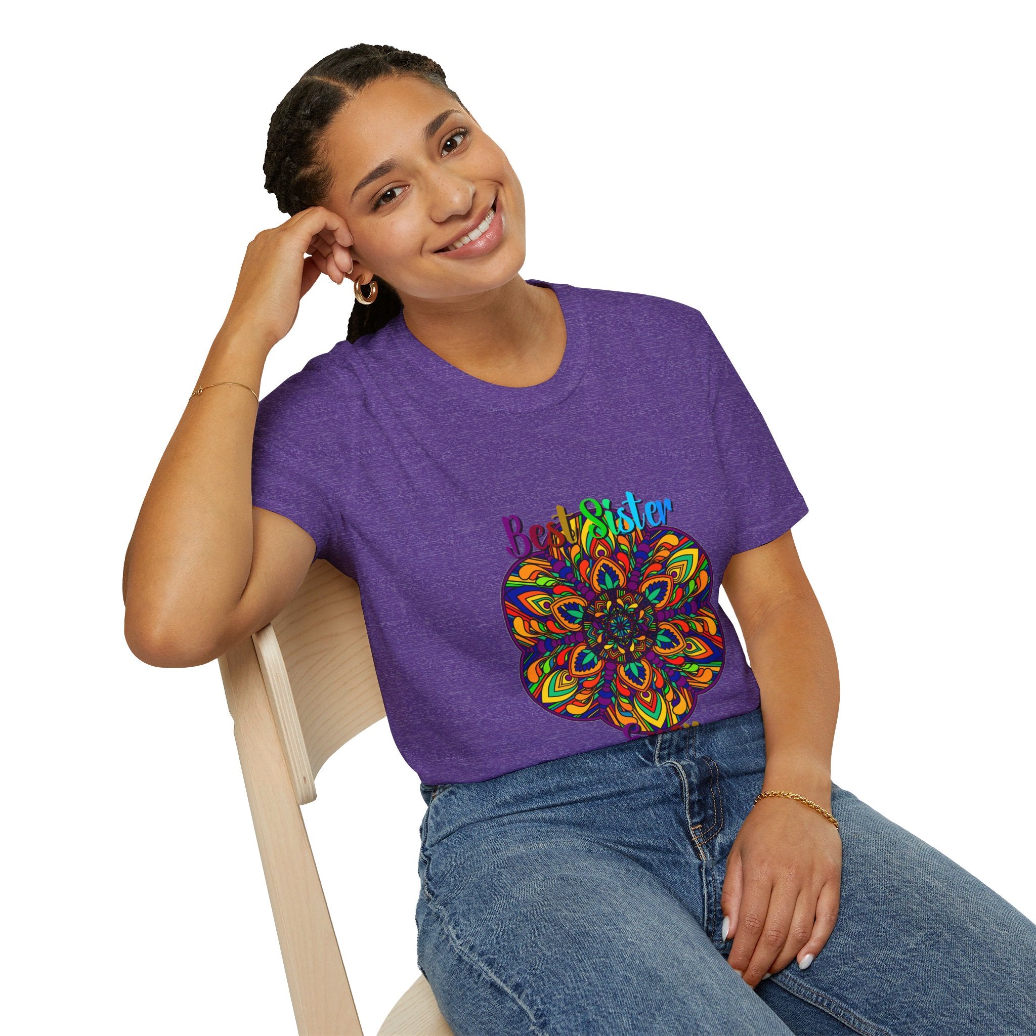 Softstyle unisex t-shirt with hand-drawn mandala art design, perfect gift for sister