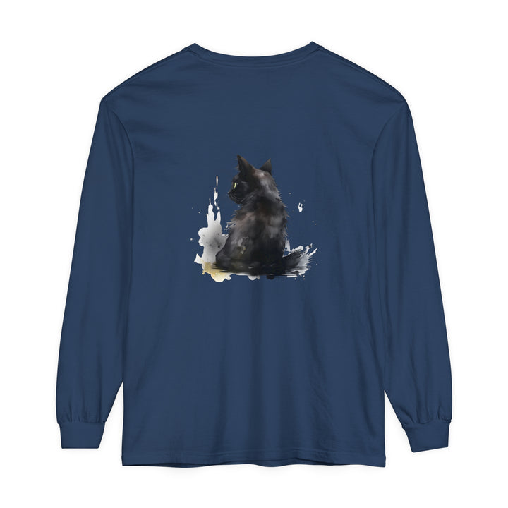 Black Cat Watercolor Dream long sleeve t-shirt with vibrant watercolor design